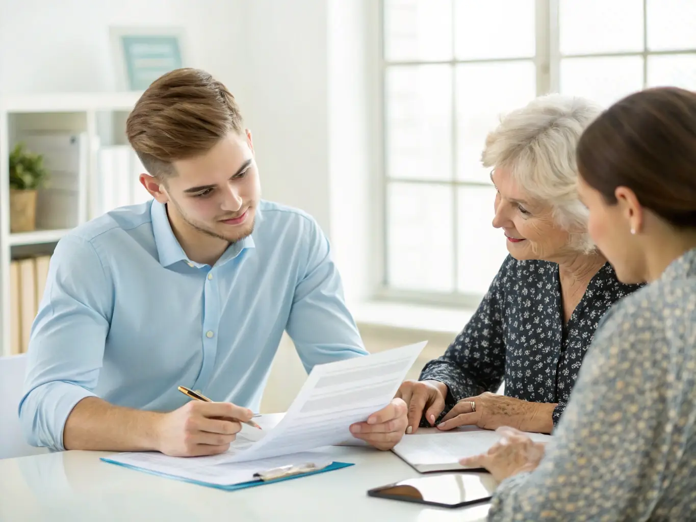 A professional tax preparer reviewing a client's financial documents in a well-lit office, symbolizing expertise and attention to detail.