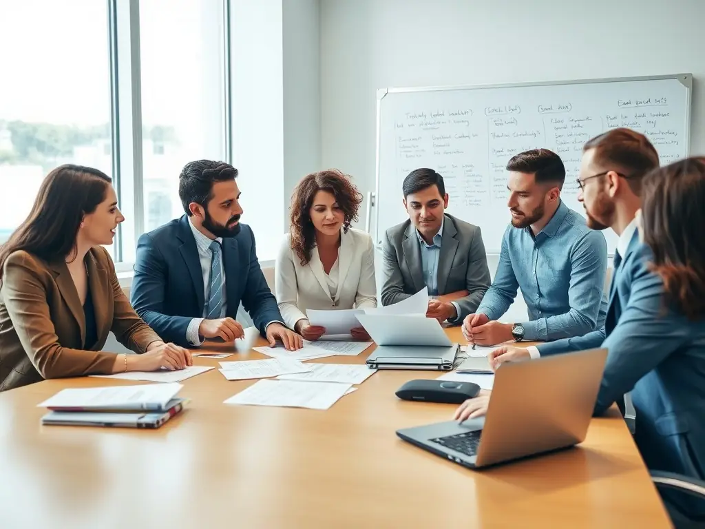 A modern office setting with a team of tax professionals collaborating on tax strategies, representing teamwork and expertise.